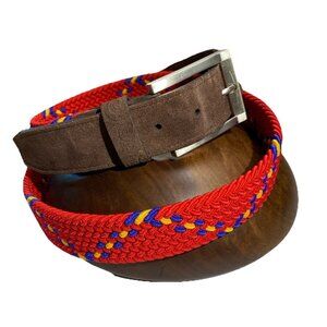 Robert Graham Stretchy Woven Belt W/ Leather Buckle Red/Blue/Yellow Golf Size 42